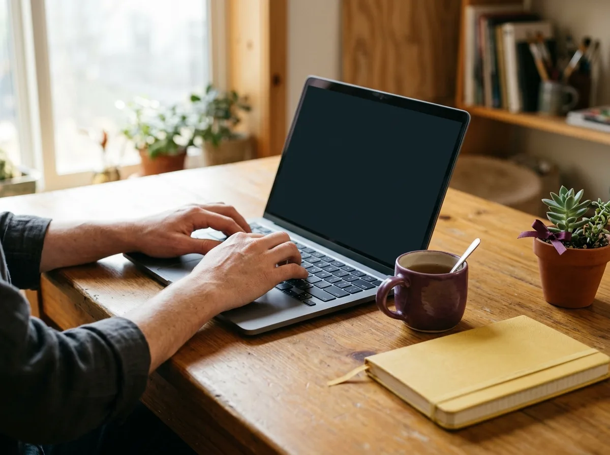 Hands typing on a laptop at a warm wooden studio desk with a yellow notebook and plum ceramic mug