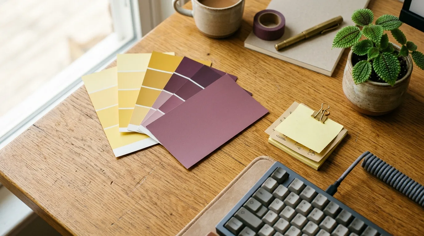 Overhead view of a studio desk with fanned color swatches in yellows and plums, a keyboard corner, and sticky notes
